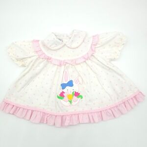 Vintage Youngland Bunny Applique Dress Kids White Pink Polka Dot Ruffle 12 MO